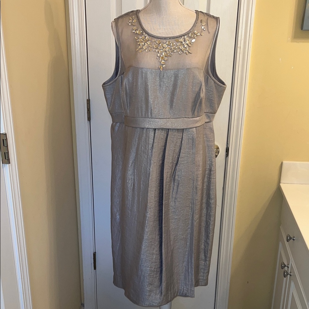 Adrianna Papell Metallic Sheath Dress with Embellished Illusion Neckline, Sz 18W